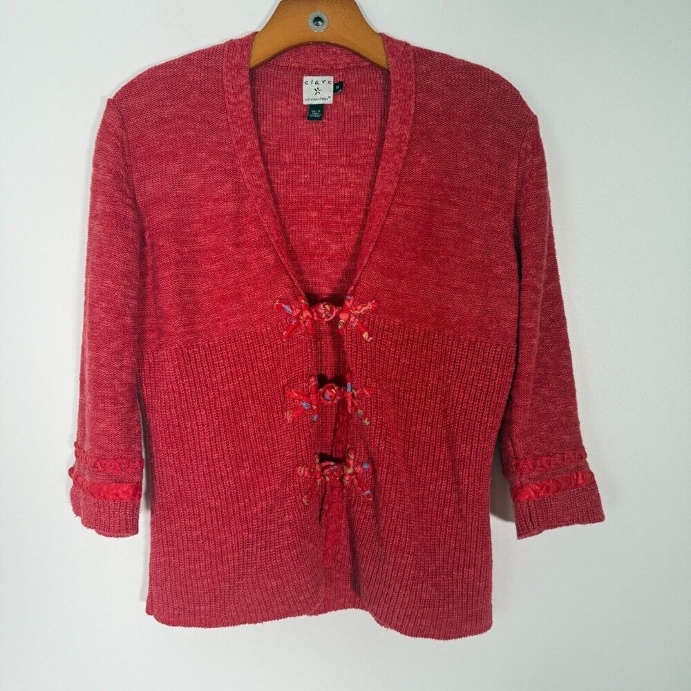 Clare by Icelandic Design Women Cardigan Sweater Red Linen Blend Artsy M